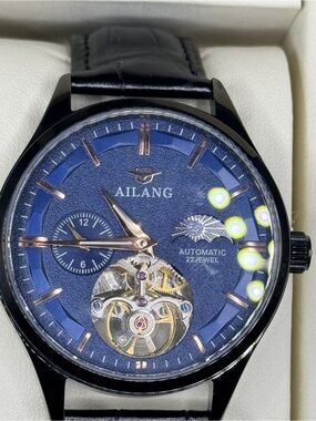 Ailang Automatic Mechanical Open Heart Watch Blue Dial Black Leather